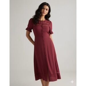 Quince Viscose Button Front‎ Lace Trim Midi Bohemian Dress Maroon Size L